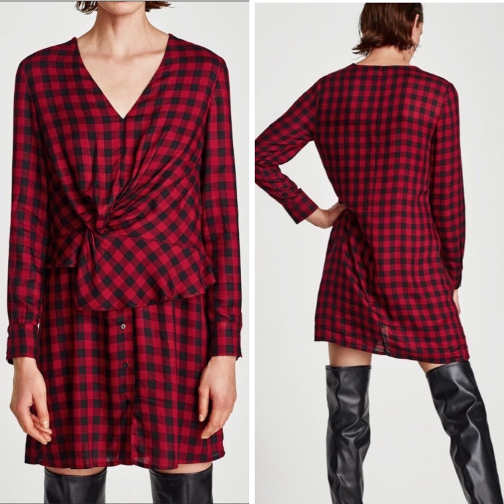 Zara Red Black Buffalo Checkered Draped Long Sleeved Dress XS NEW
